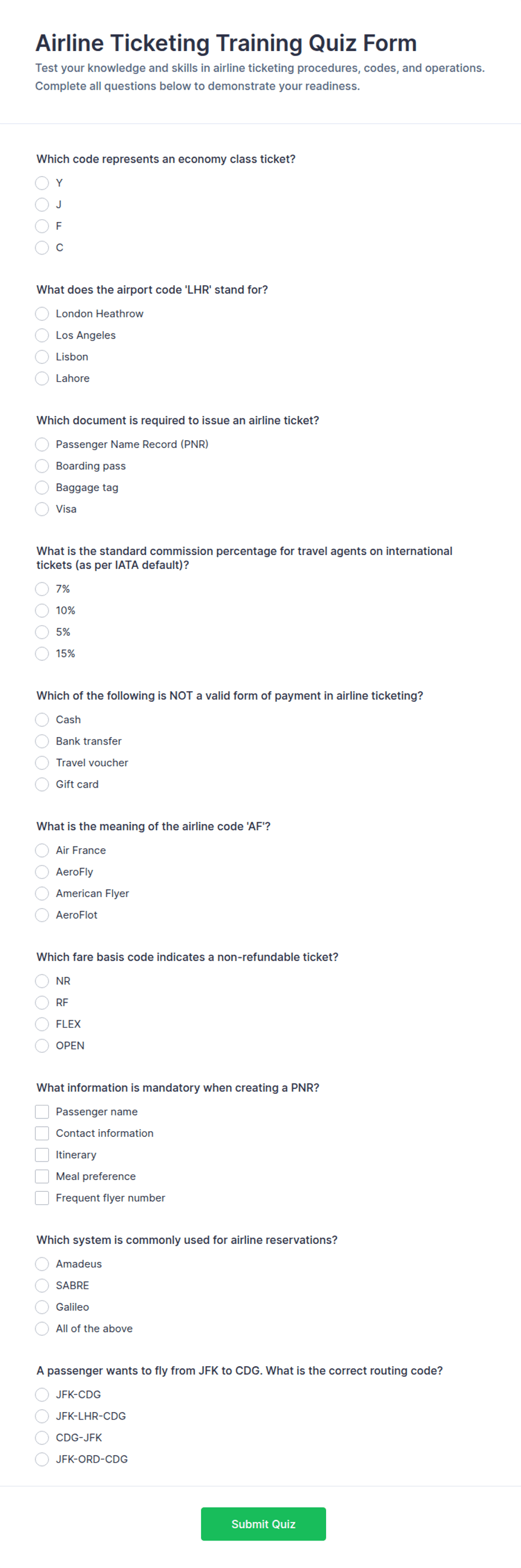 Airline Ticketing Training Quiz Form Template | Jotform