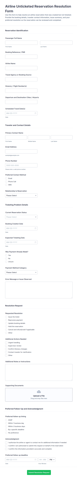 Airline Unticketed Reservation Resolution Form Template
