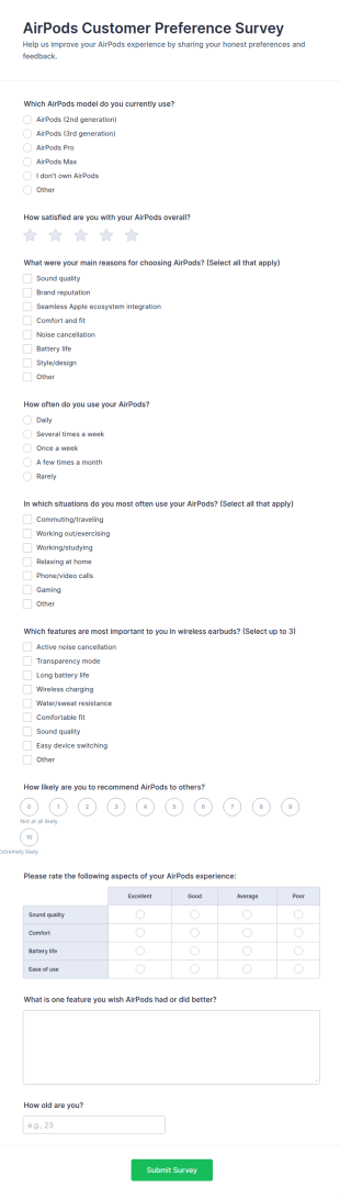 AirPods Customer Preference Survey Form Template