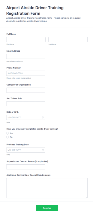 Airport Airside Driver Training Registration Form Template