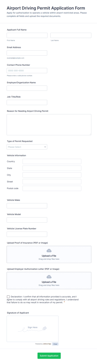 Airport Driving Permit Application Form Template