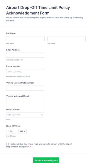 Airport Drop Off Time Limit Policy Acknowledgment Form Template