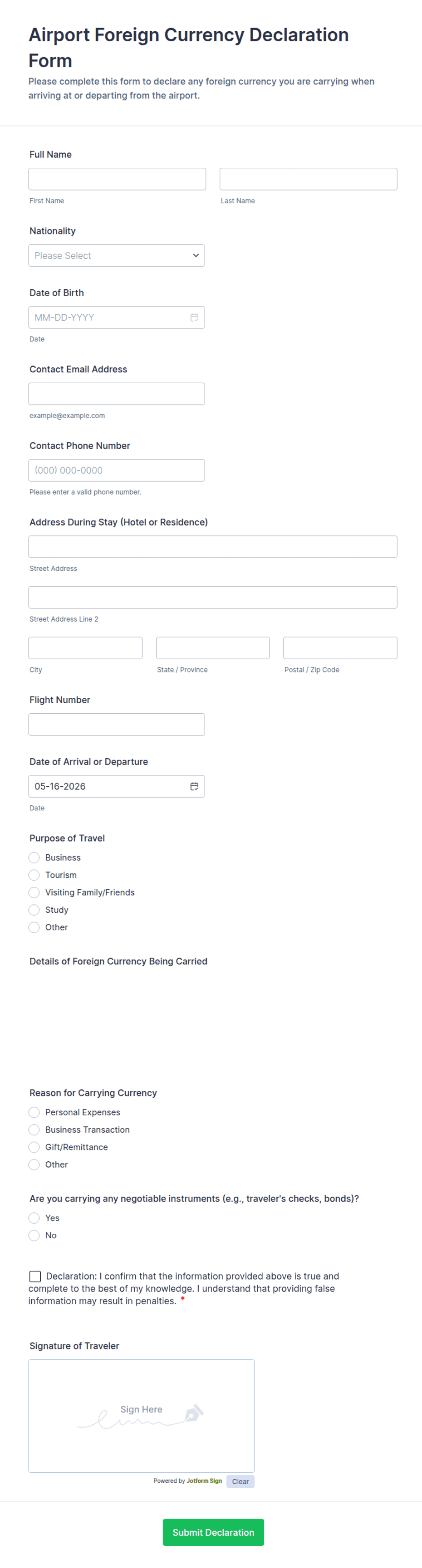 Airport Foreign Currency Declaration Form Template | Jotform