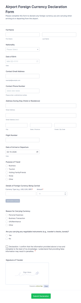 Airport Foreign Currency Declaration Form Template