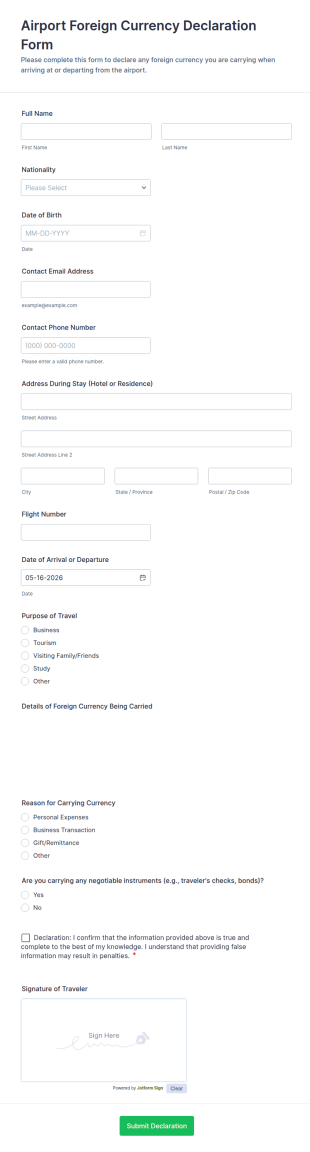 Airport Foreign Currency Declaration Form Template