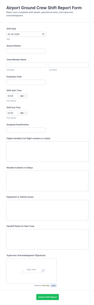 Airport Ground Crew Shift Report Form Template