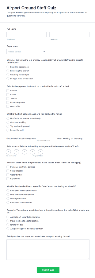 Airport Ground Staff Quiz Form Template