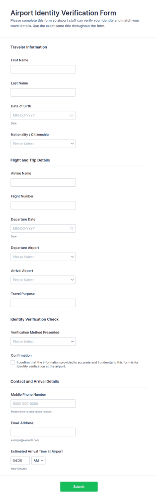 Airport Identity Verification Form Template
