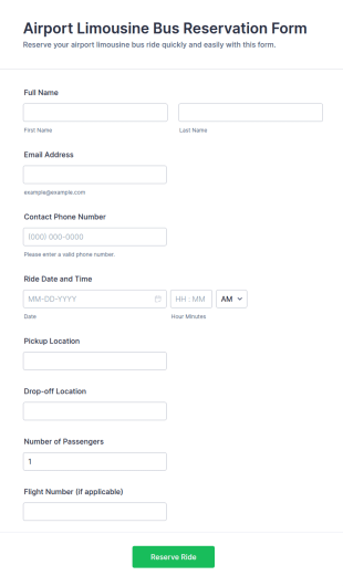 Airport Limousine Bus Reservation Form Template