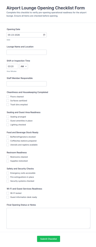 Airport Lounge Opening Checklist Form Template