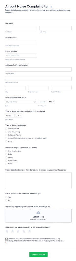 Airport Noise Complaint Form Template