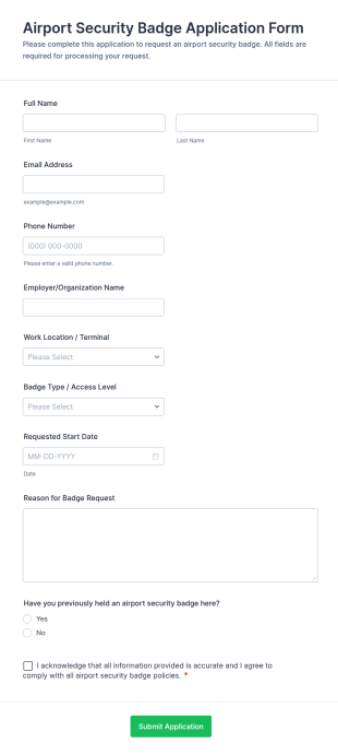 Airport Security Badge Application Form Template