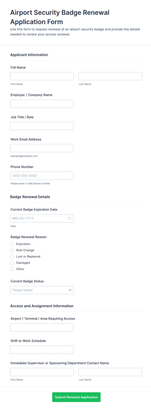 Airport Security Badge Renewal Application Form Template