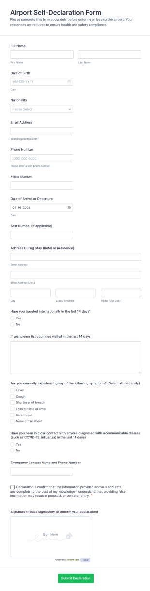 Airport Self Declaration Form Template
