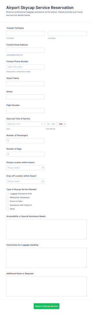 Airport Skycap Service Reservation Form Template