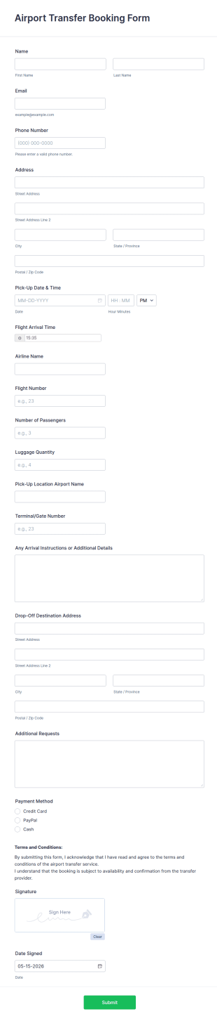 Airport Transfer Booking Form Template