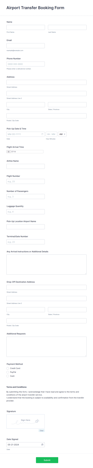 Airport Transfer Booking Form Template
