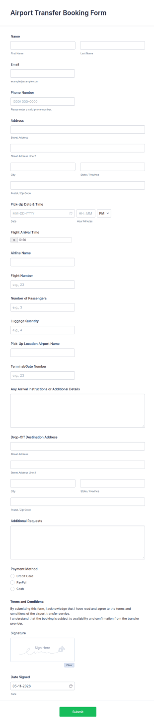 Airport Transfer Booking Form Template