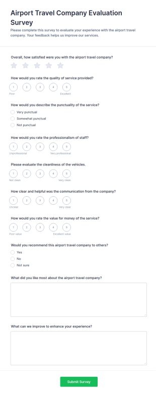 Airport Travel Company Evaluation Survey Form Template