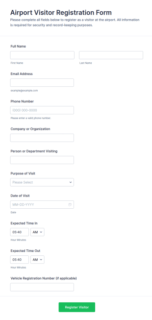 Airport Visitor Registration Form Template