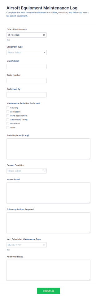 Airsoft Equipment Maintenance Log Form Template