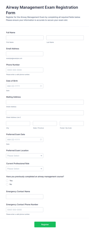 Airway Management Exam Registration Form Template