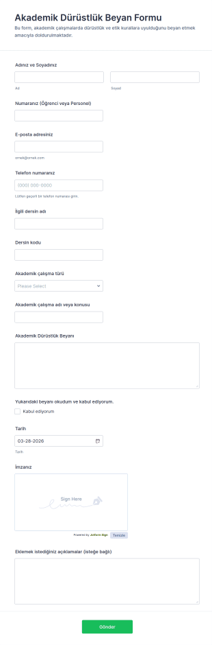 Akademik Dürüstlük Beyan Form Şablonu