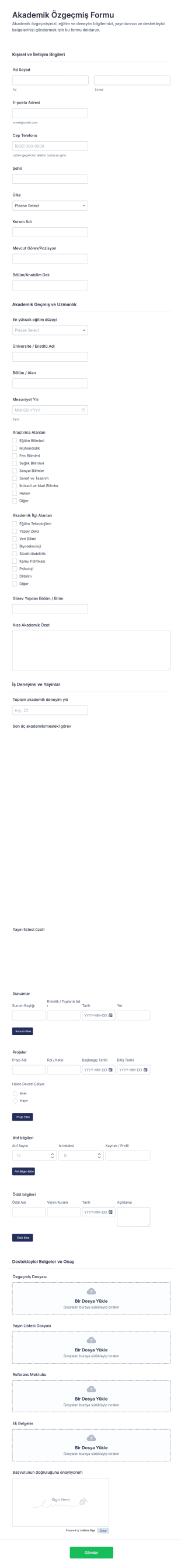 Akademik Özgeçmiş Teslim Form Şablonu