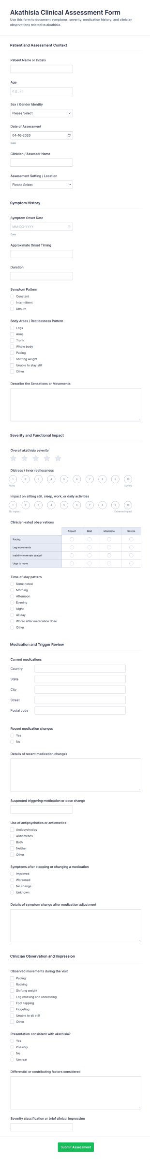 Akathisia Clinical Assessment Form Template
