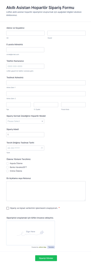 Akıllı Asistan Hoparlör Sipariş Form Şablonu