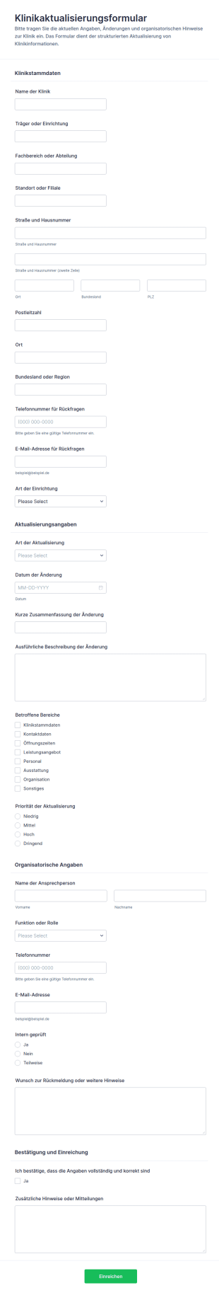 Aktualisierungsformular Für Die Klinik