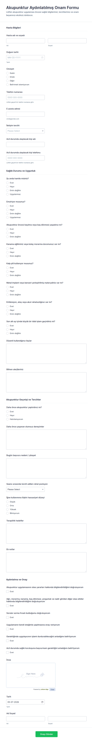 Akupunktur Bilgilendirme Onay Form Şablonu
