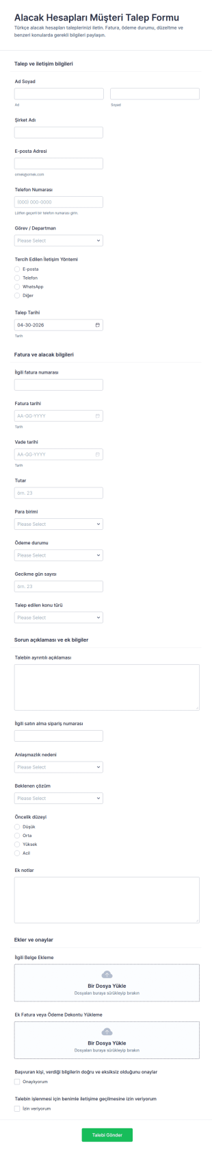 Alacaklar Müşteri Talep Form Şablonu