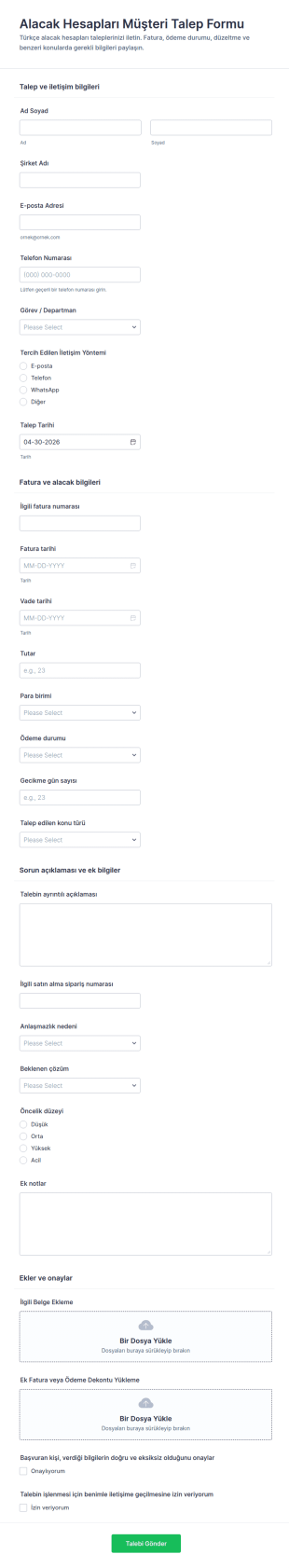 Alacaklar Müşteri Talep Form Şablonu