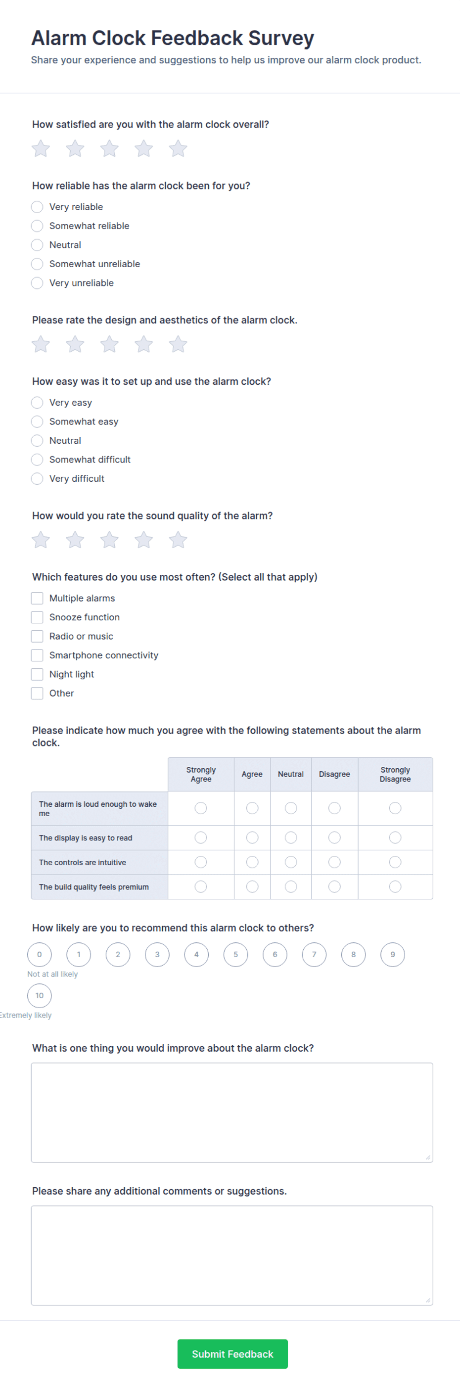 Alarm Clock Feedback Survey Form Template | Jotform