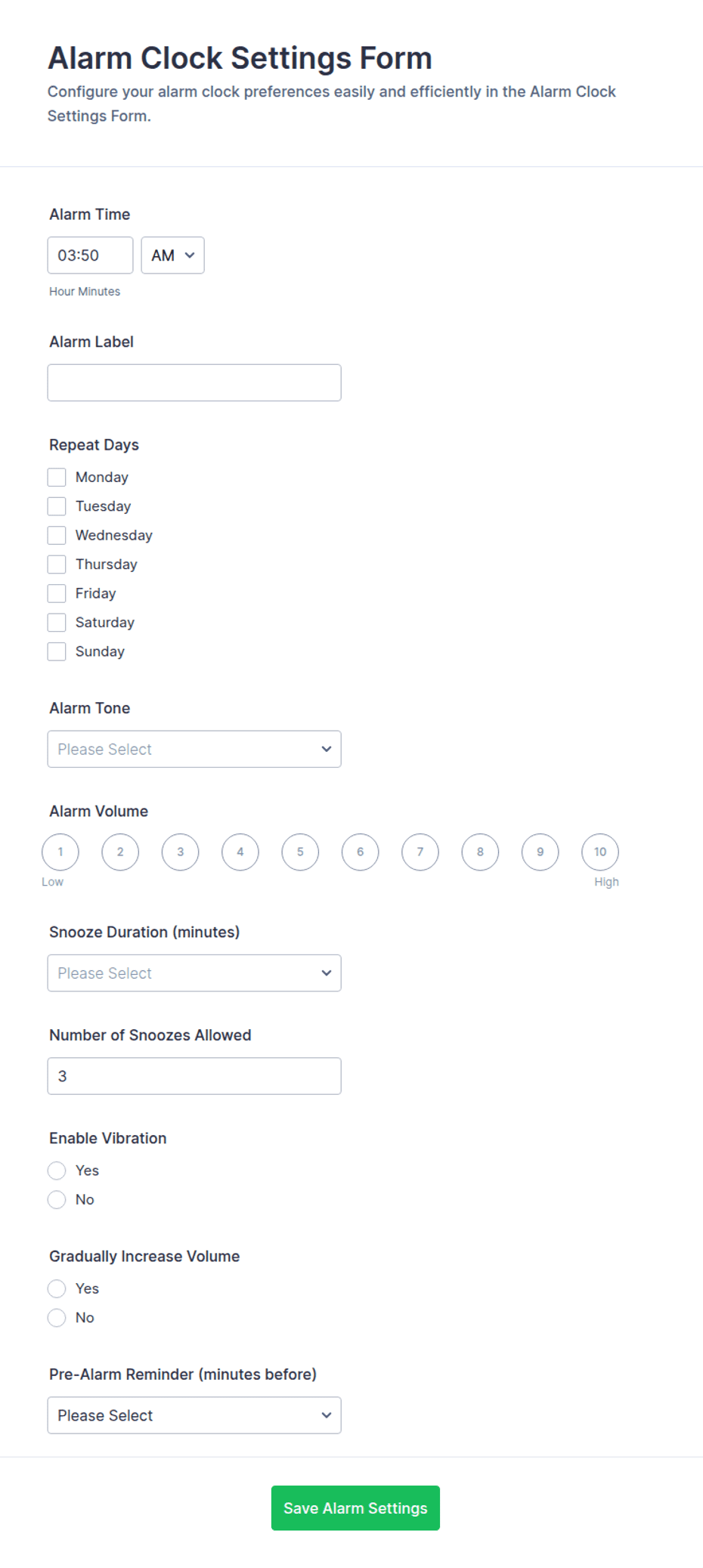 Alarm Clock Settings Form Template | Jotform