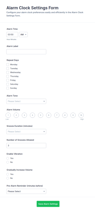 Alarm Clock Settings Form Template