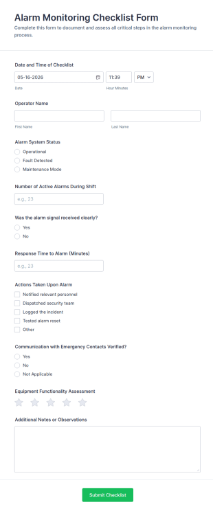 Alarm Monitoring Checklist Form Template