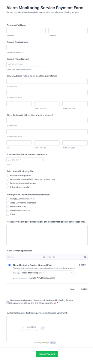 Alarm Monitoring Service Payment Form Template