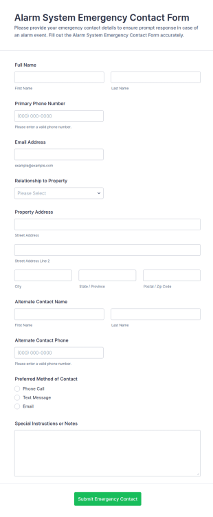 Alarm System Emergency Contact Form Template