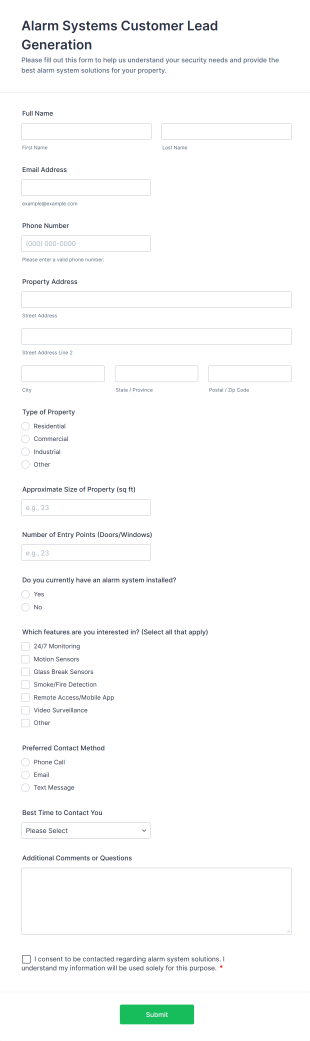 Alarm Systems Customer Lead Generation Form Template
