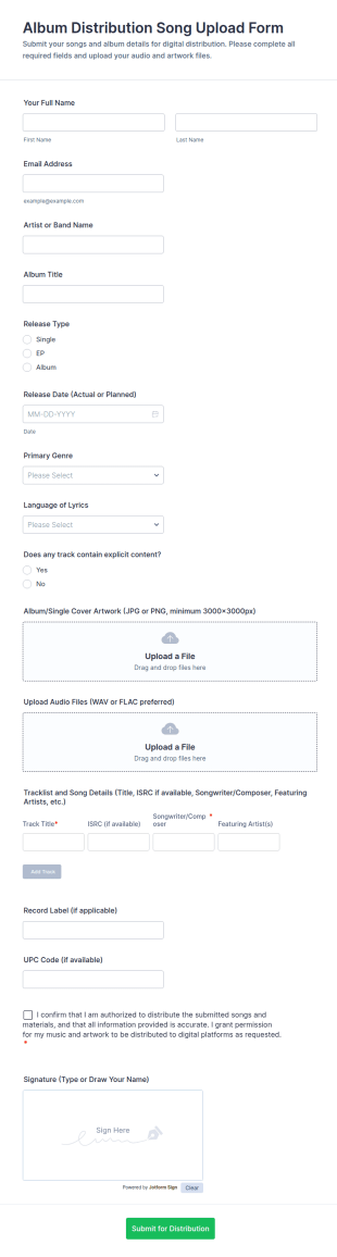 Album Distribution Song Upload Form Template