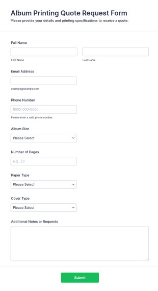 Album Printing Quote Request Form Template