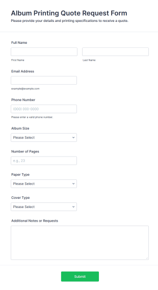 Album Printing Quote Request Form Template