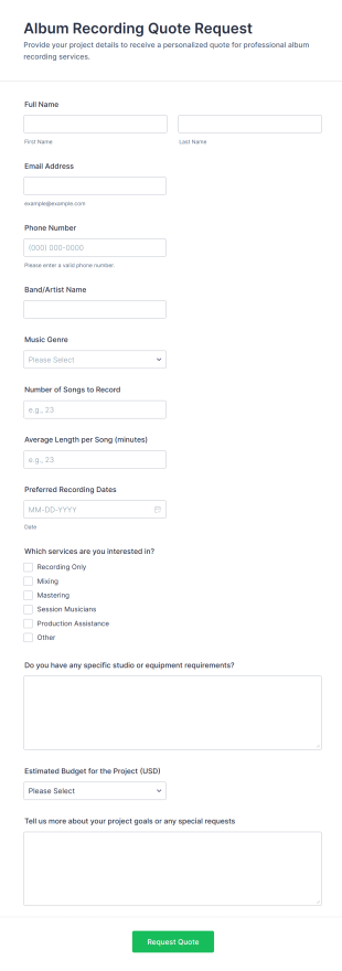 Album Recording Quote Request Form Template