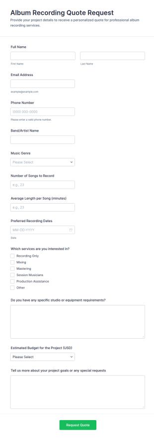 Album Recording Quote Request Form Template