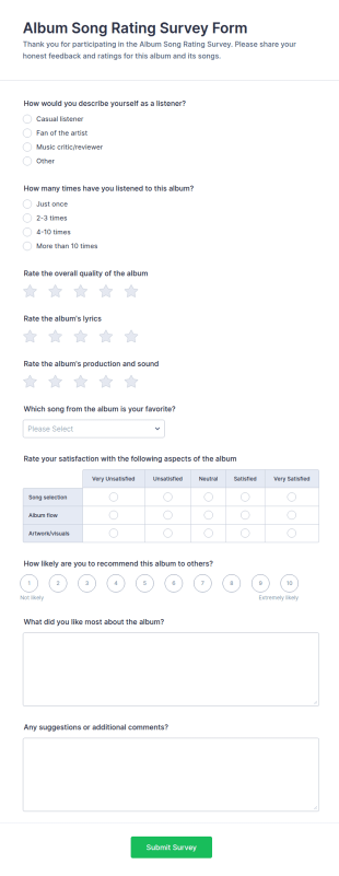 Album Song Rating Survey Form Template