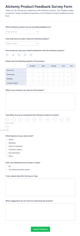 Alchemy Product Feedback Survey Form Template