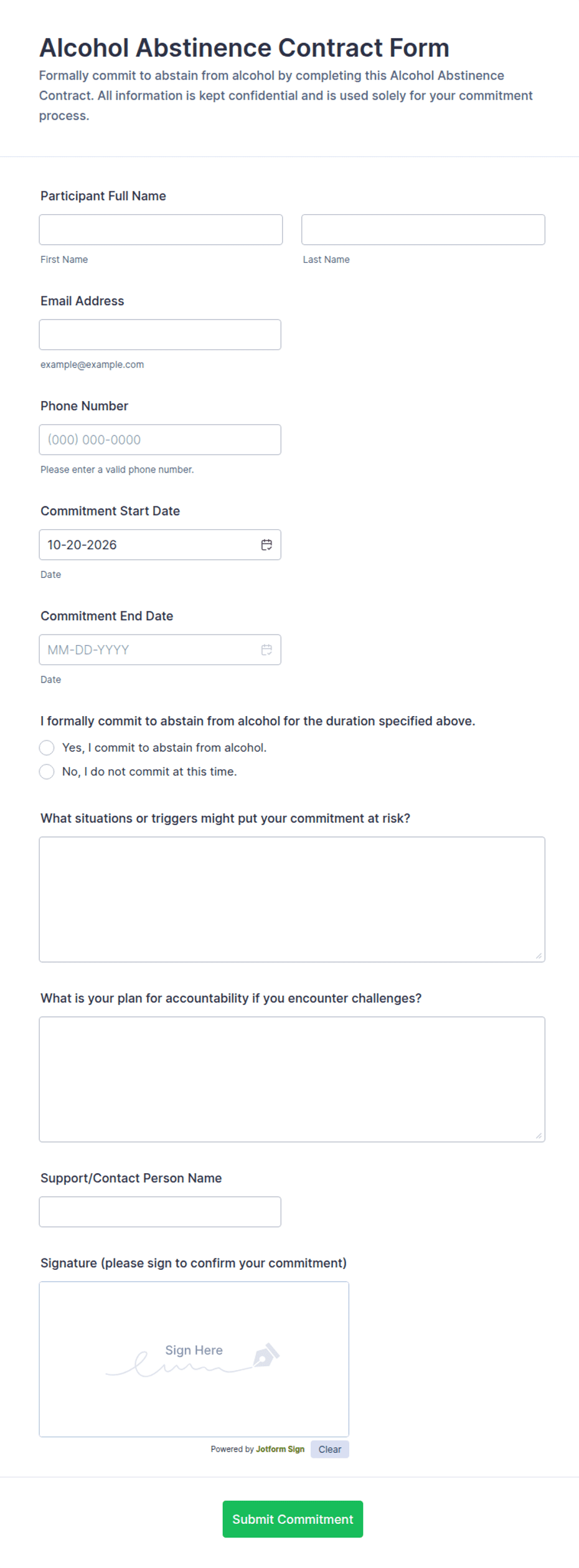 Alcohol Abstinence Contract Form Template | Jotform