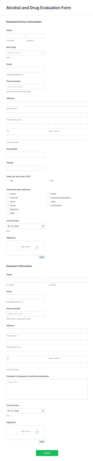 Alcohol And Drug Evaluation Form Template